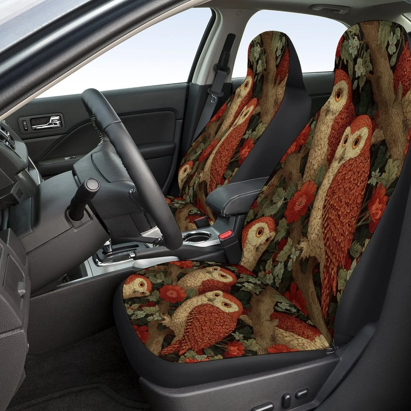 Set Of Car Seat Covers Featuring Owls And Blossoms, Suitable For Various Vehicles. Stylish And Unique, This Complete Set Include