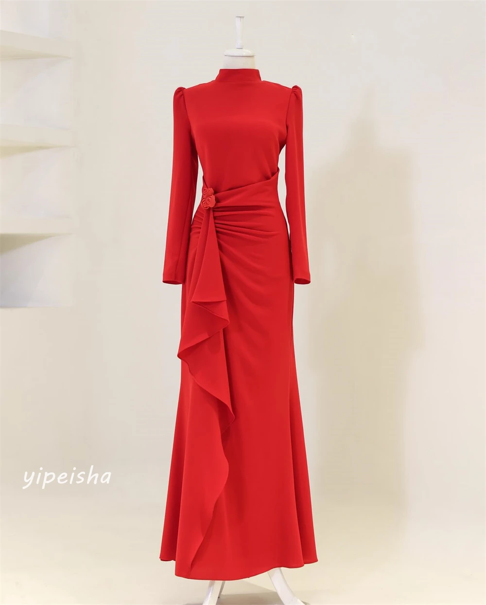 Jersey Flower Ruched Christmas A-line High Collar Bespoke Occasion Gown Midi Dresses