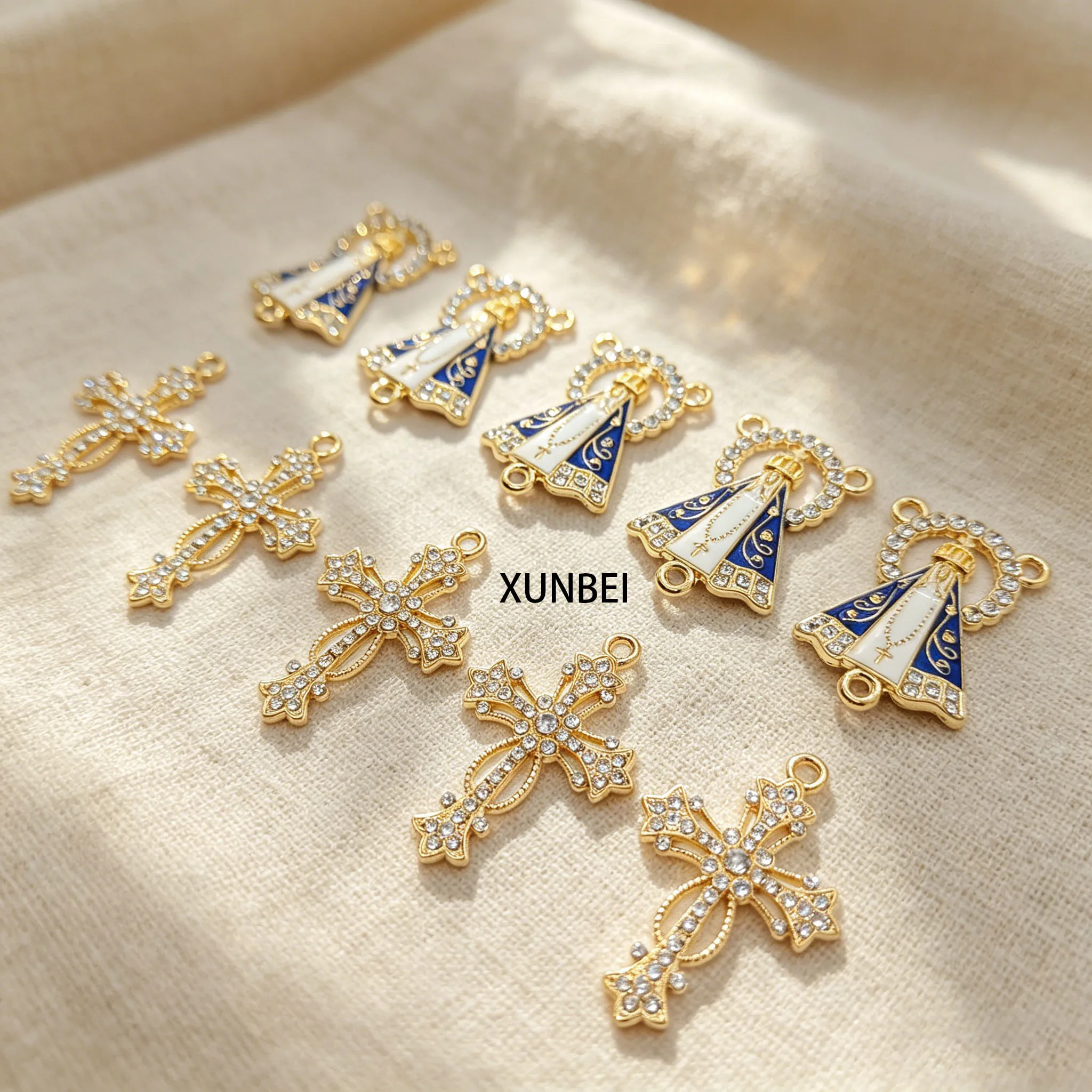 5sets Nossa Senhora Aparecida Brazil DIY Jewelry Charm Connector Enamel Crystal Crucifix Rosary Centerpiece