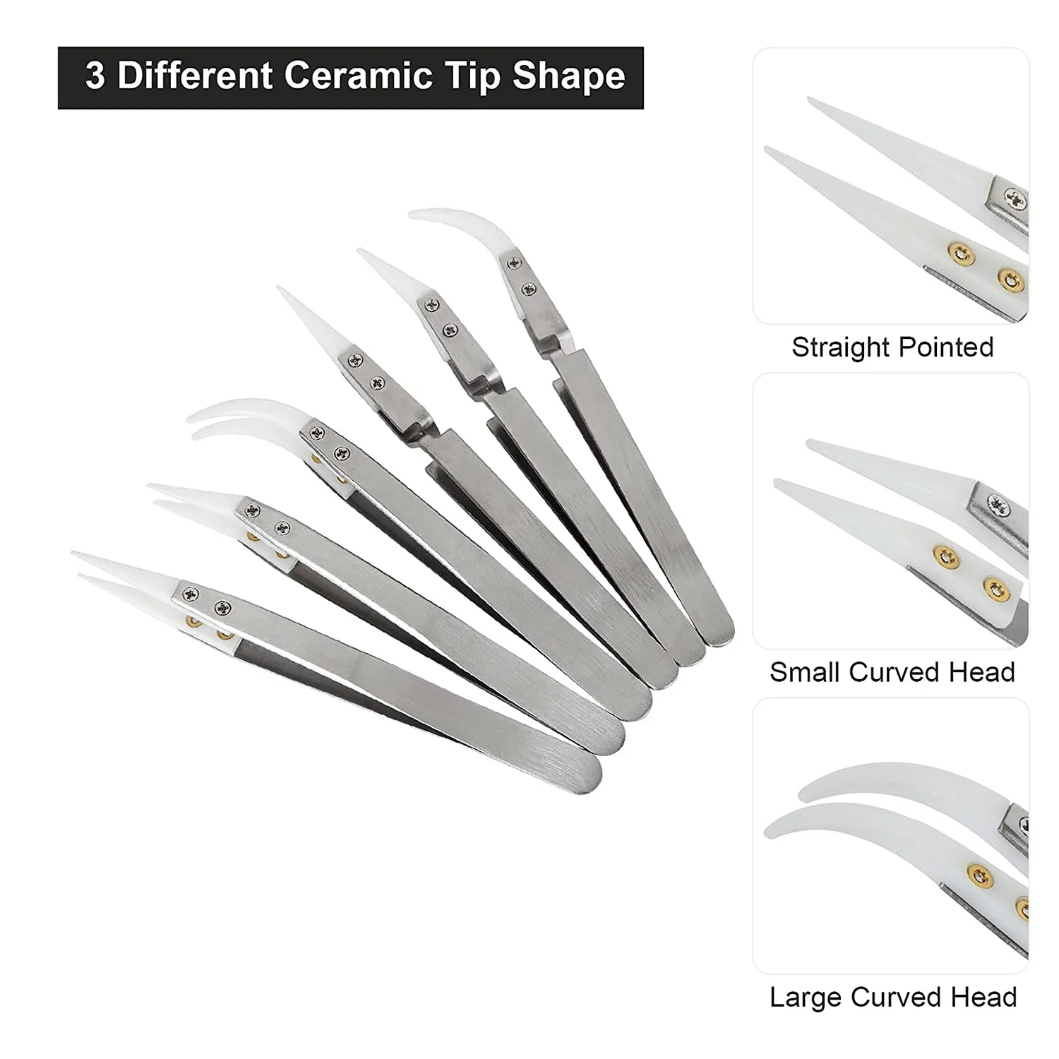 ABNC-6 Pcs Precision Ceramic Reverse Solder Tweezers, Non-Conductive, Anti-Magnetic Pointed and Curved Tips Tweezers Set