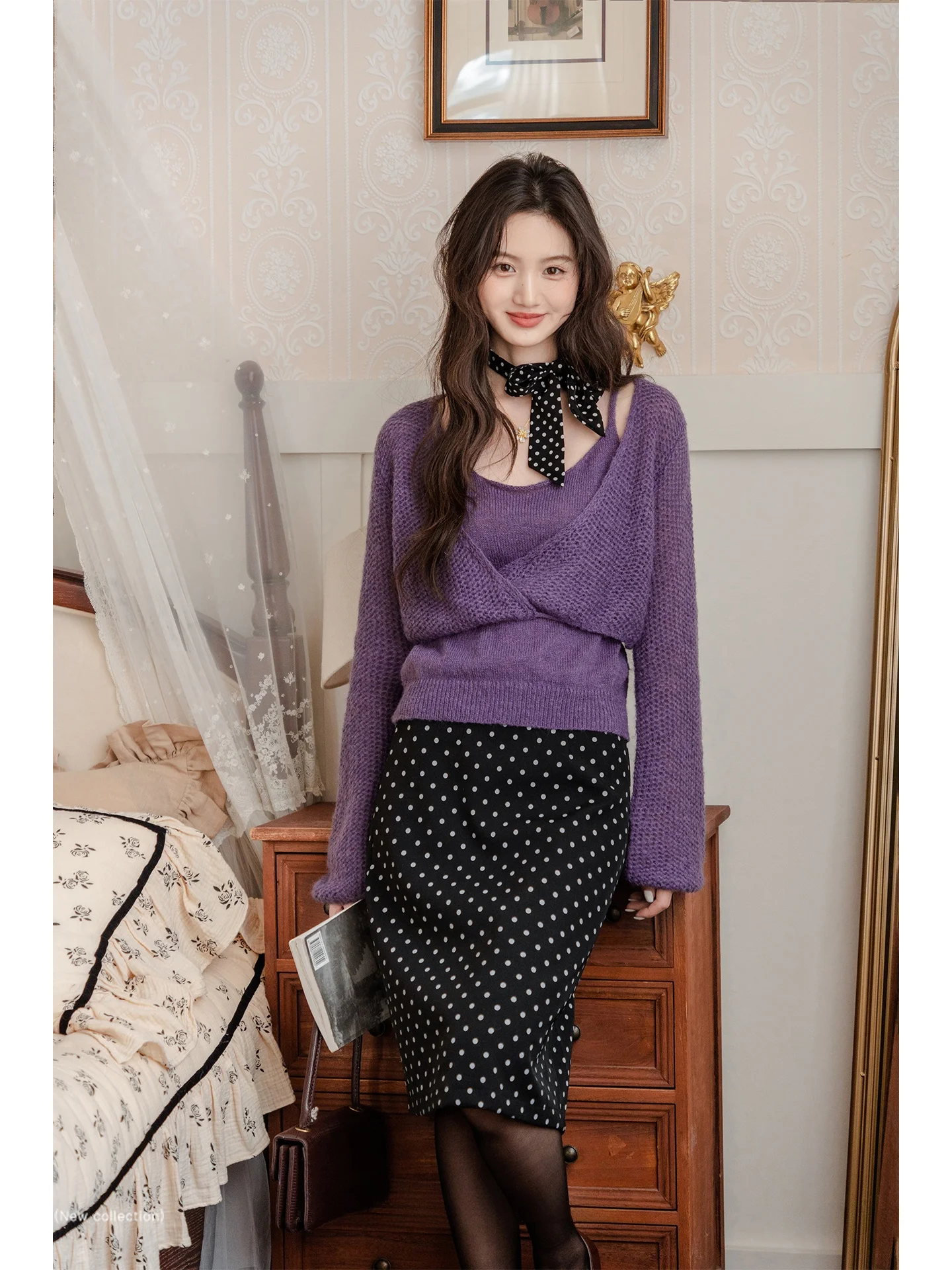 

Женский вязаный топ с длинными рукавами и вырезами Ele Purple, комплект из двух предметов: свитер и накидка для ранней осени в корейском стиле