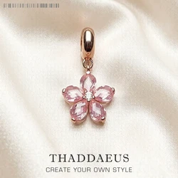925 Sterling Silver Pink Flower Pendant Charm Trendy Women Girls Fashion Jewelry Romantic Lucky Gift
