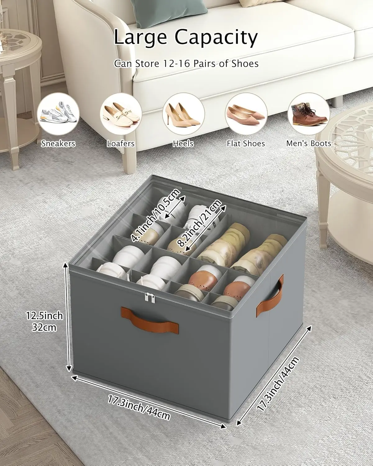 Органайзер для обуви для шкафа, ящик для хранения обуви с прозрачной крышкой и усиленными ручками, регулируемые разделители, подходит для корзины для обуви на 8–16 пар