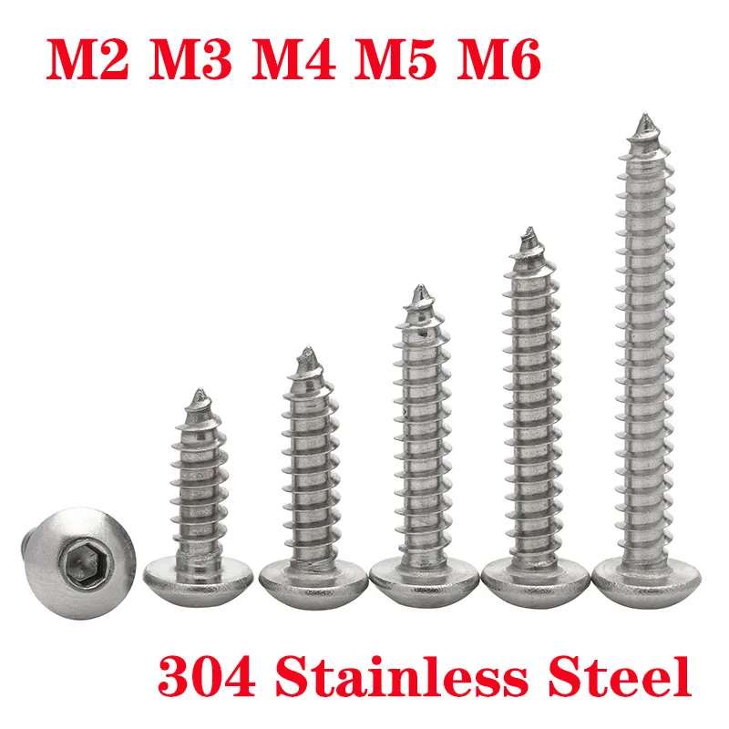 5/10/20/50pcs M2 M3 M4 M5 M6 A2-304 Stainless Steel Round Head Socket Hexagon Self Tapping Screw Mushroom Cap Woodworking Screws