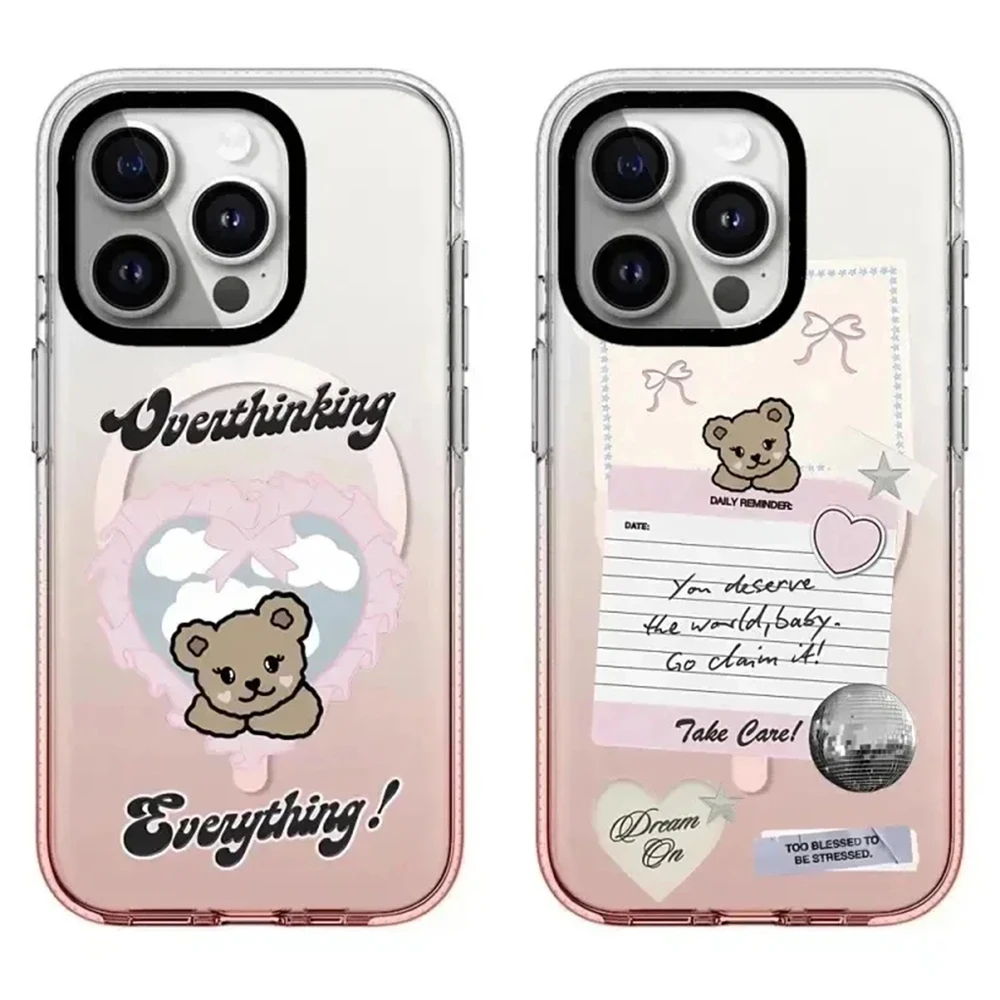 

Pink Gradient Transparent Border Little Bear Pattern iPhone 13 14 15 Pro Max Protective Case