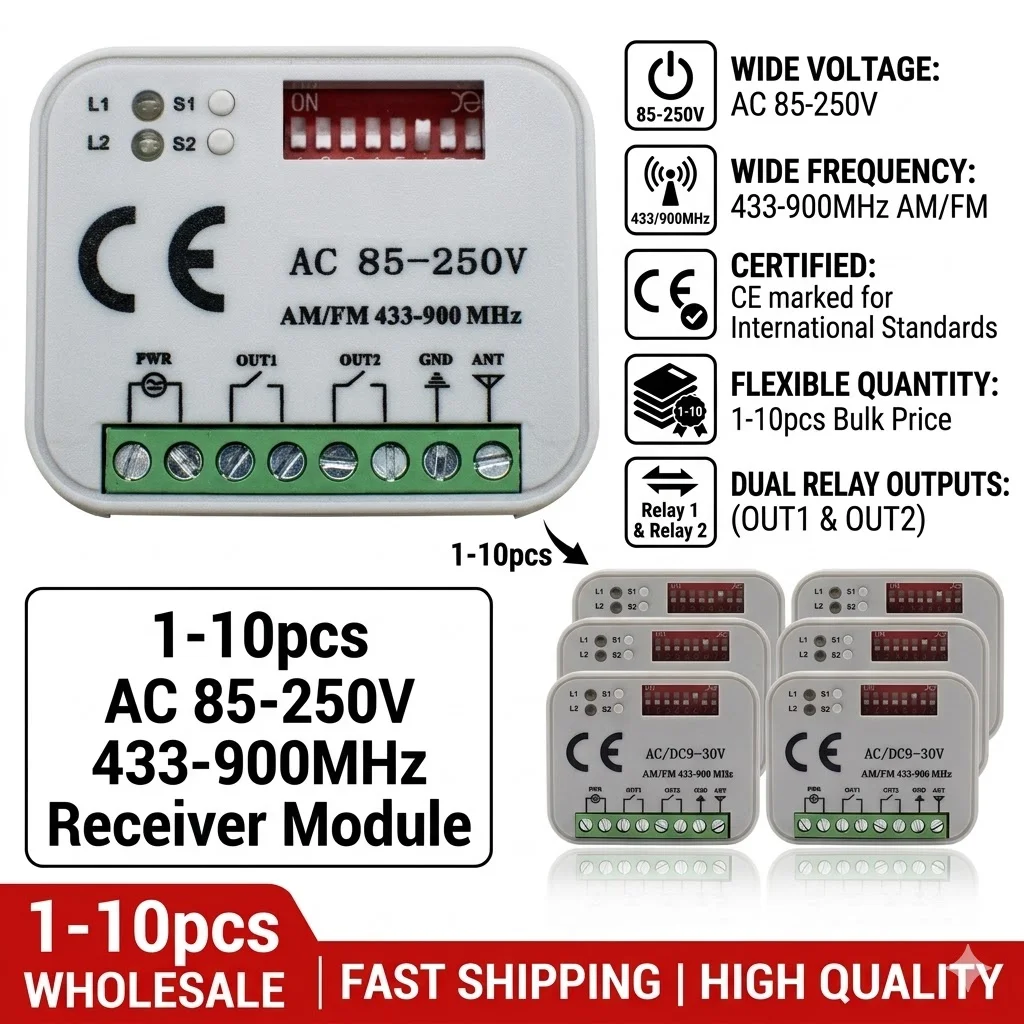 Universal 433-900MHz Garage Door Opener Receiver AC/DC 9-30V&AC 85-250V Multi-Frequency Remote Control Switch for Gate Door Moto