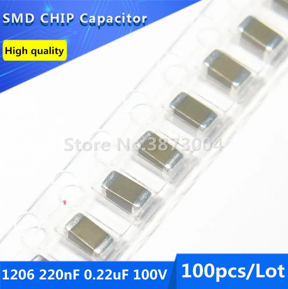 100pcs 1206 220nF 0.22uF 100V Thick Film Chip Multilayer Ceramic Capacitor