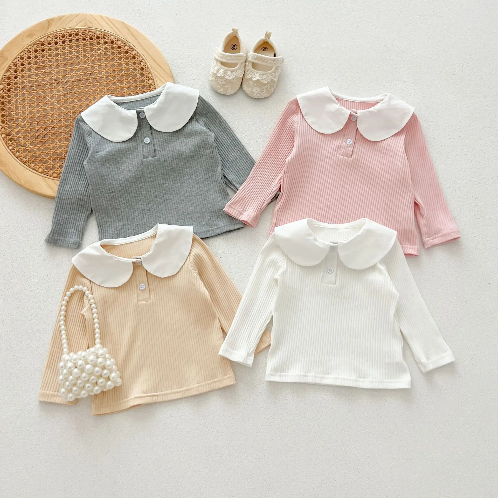 Autumn Newborn Infant Baby Boy Girls Lapel T-Shirt Elastic Force Doll Collar Long Sleeve Undershirt Fashion Baby Clothing