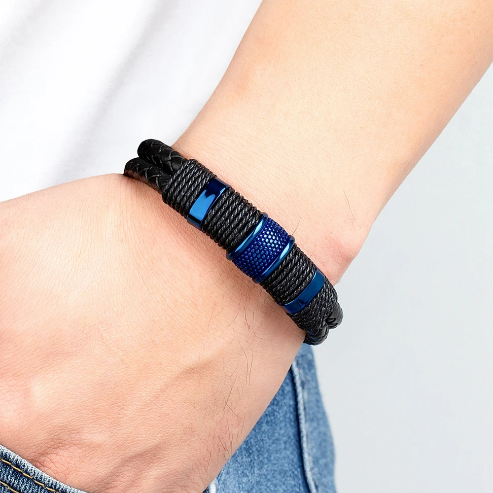 XQNI Trendy Black Leather Bracelet Homme Punk Men Gift For Husband Friend Hiphop Rock Charm Bangle Magnetic Clasp Jewelry