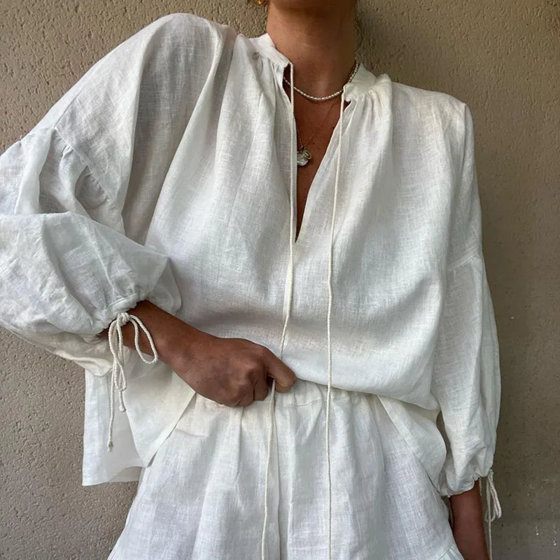 Sleepwear Casual Loose Cotton 2 Piece Sets Women Outfit Elegant Lace-Up Puff Sleeve Shirt With High Waist Ruffle Shorts Set