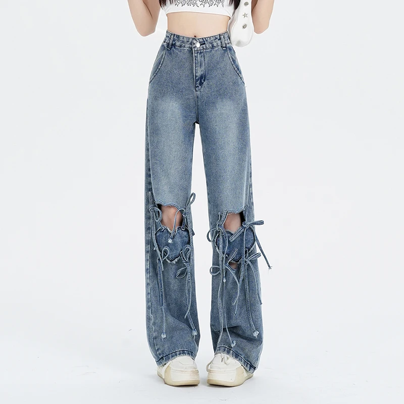 

Vintage Jeans for Women Baggy Cargo Lace-Up Designer Heart Holes Loose Casual Denim Pants Female 2024 New High Waist Jeans XS-XL