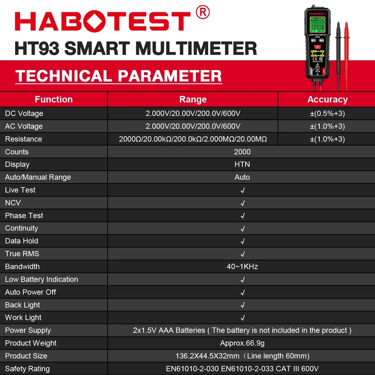 HABOTEST HT93 مقياس رقمي متعدد صحيح RMS التيار المتناوب/تيار مستمر جهاز قياس الجهد الكهربائي المرحلة تسلسل الكاشف الاستمرارية أوم لايف NCV عداد كهربائي