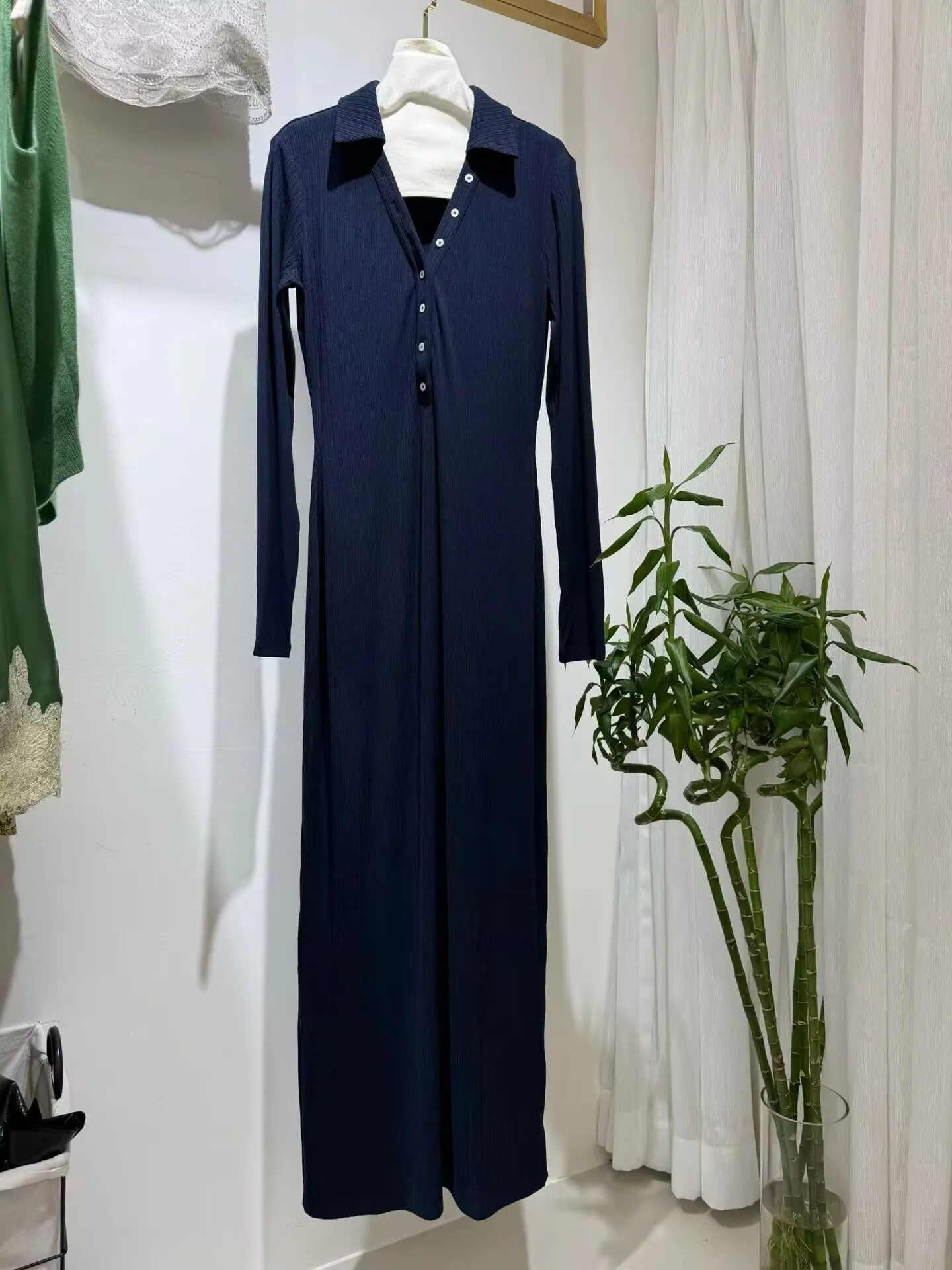 

Ladies Navy Blue Maxi Dress Autumn Front Buttons V-Neck Long Sleeve Elegant Slim Knitted Robe