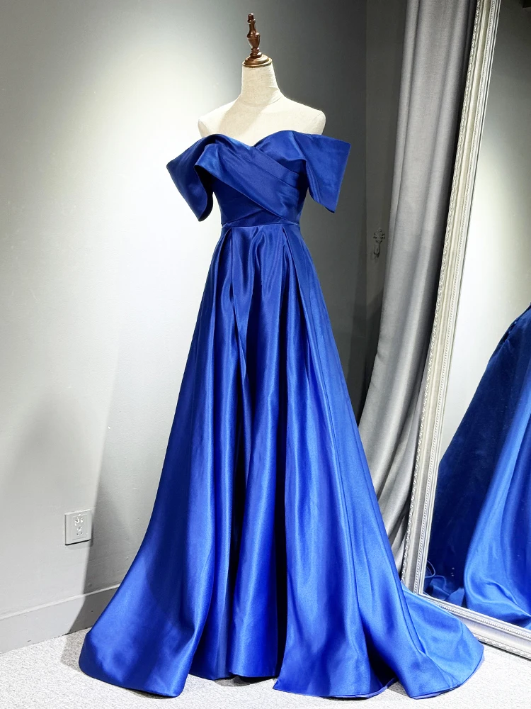 

Синее вечернее платье для выступлений, простое, элегантное, роскошное, для вокальных испытаний, выпускного вечера, с открытыми плечами, А-силуэт, длинное