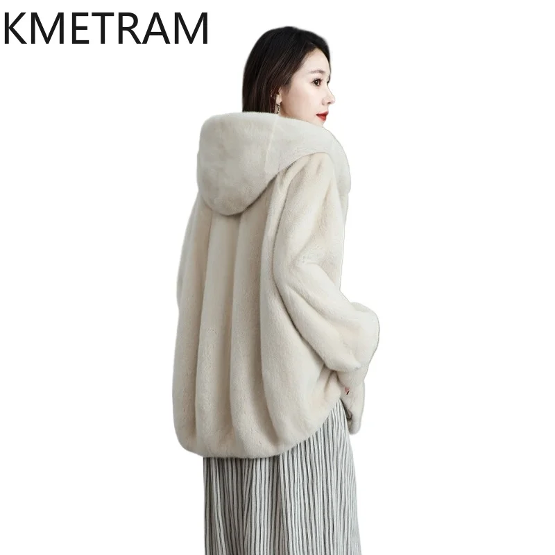 KMETRAM Real Whole Velvet Fur Coat Woman Hooded Mid-Length Coats 75cm Winter Warm Fur Jacket High Quality Women Clothing 2026 자켓