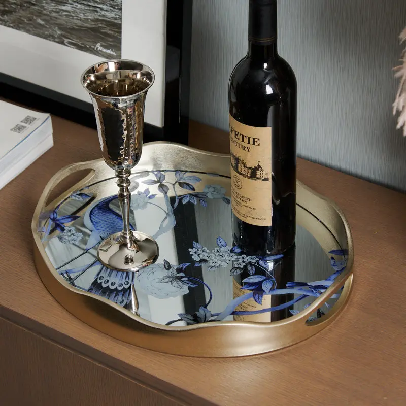 National style blue and white peacock peony pattern decorative tray, Chinese desktop storage glass mirror round plate ornament