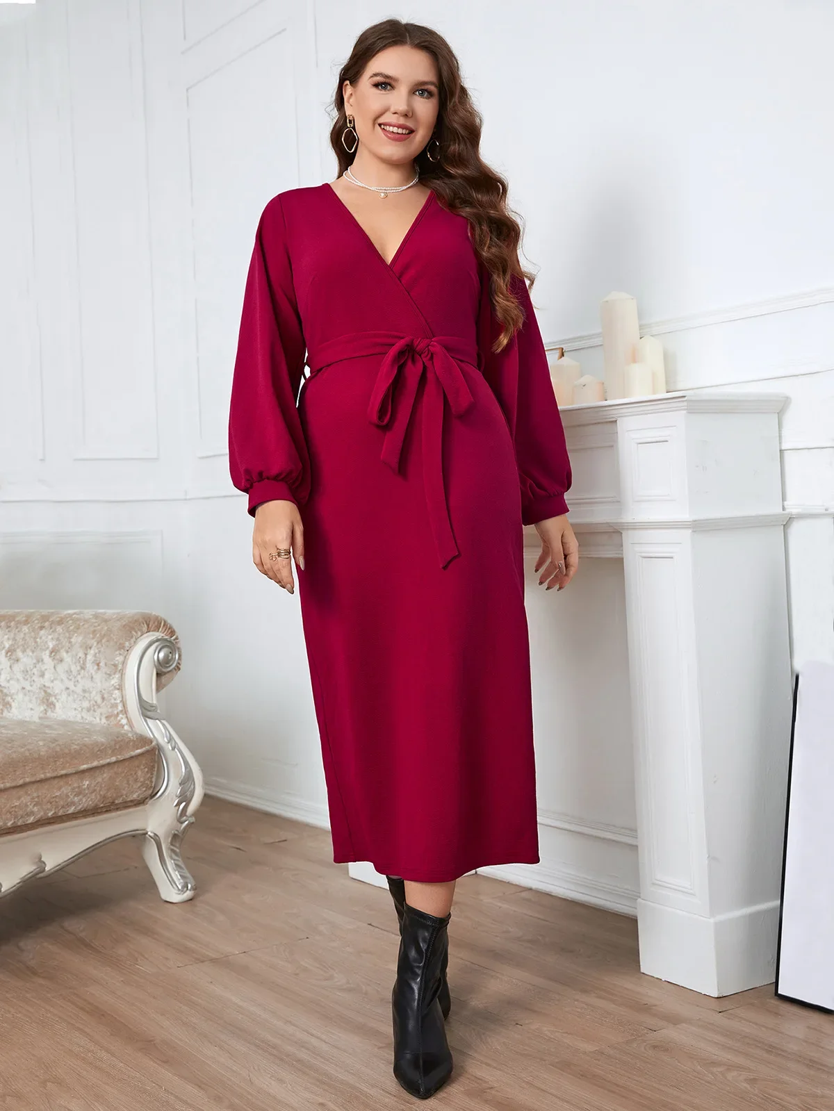 Plus Size Spring Elegant Wrap V Neck Women Dress Office Long Sleeve Solid Color Self Belt Tie Dresses 4XL Maxi Vestidos Robe