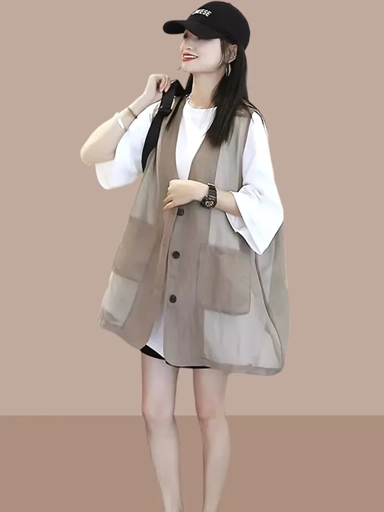 Women's Summer Thin Sleeveless Vest Fashionable Outerwear Small Size Sun Protection Clothes V-neck Mid-length Button Design