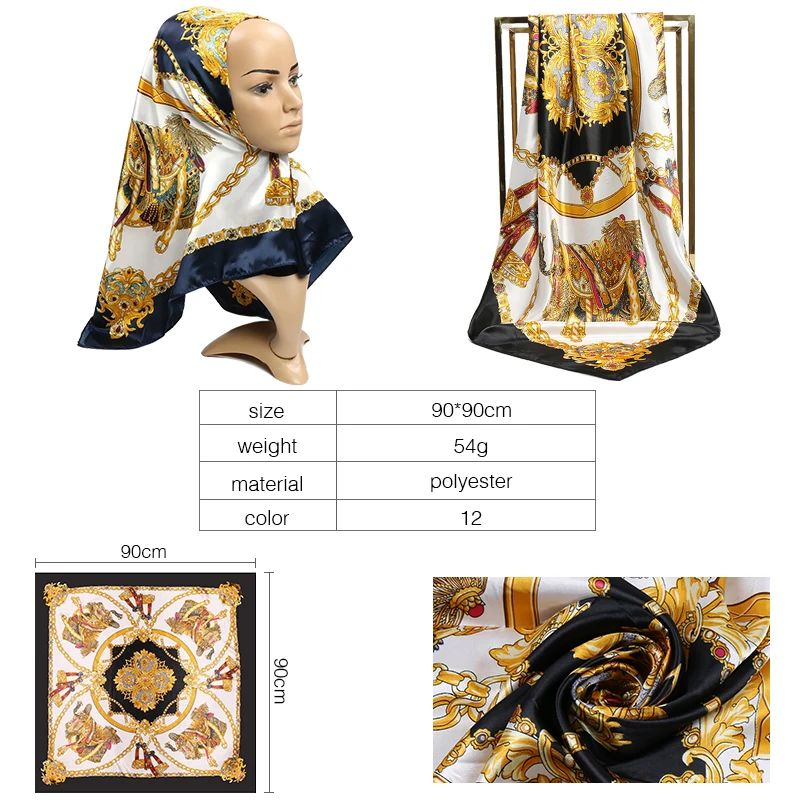 Lenço de seda quadrado estampado floral para mulheres, lenço de cetim macio, lenço de cabelo, cabeça Hijab, bandana senhora, fita foulard bag