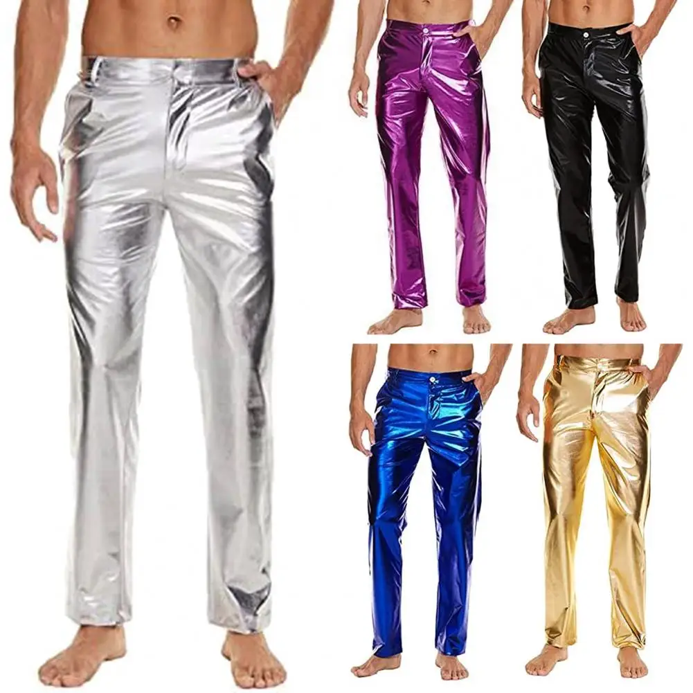 

Safe Pocket Men Pants Shiny Glossy Men's Club Pants with Reinforced Pockets Stylish Mid-rise Trousers for Casual Wear for Men