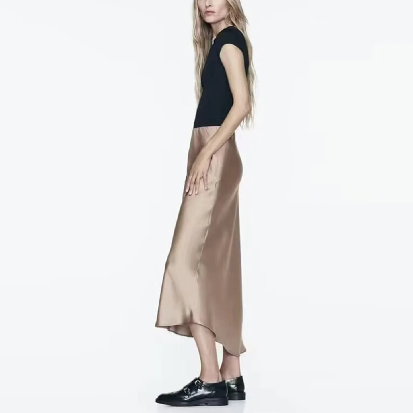 

Z Women's New 2025 Satin Feel Riddle Skirt High Waist A-Line Casual Polyester Fiber Pleated Commute Sle Slim Fit