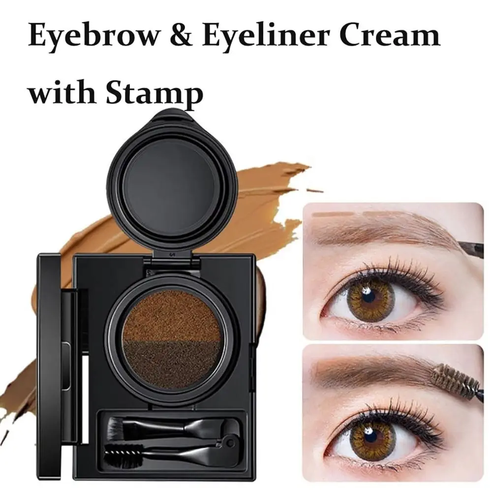Portable 2 in 1 Eyebrow Cream with Stamp Waterproof Brow Powder Sweatproof Anti-Smudge Eyeliner Cream