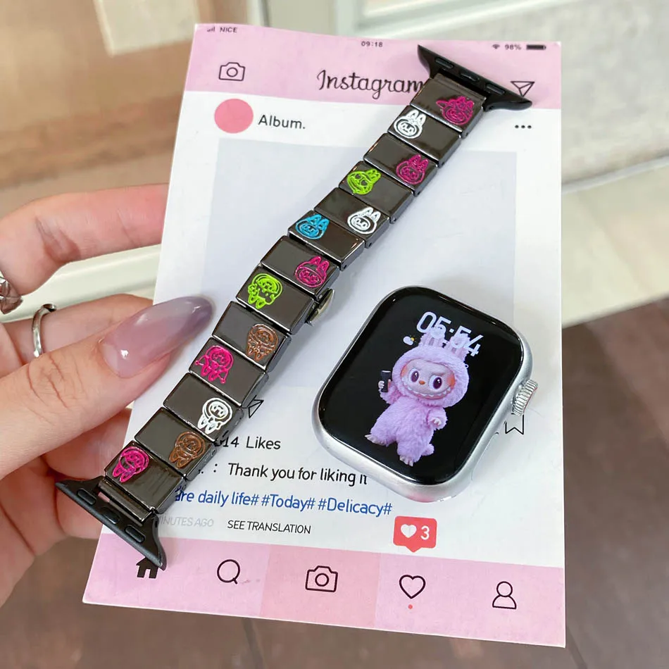 لساعة Apple Watch Band Series 10 9 8 7 6 SE 5 4 3 2 Ultra Cartoon Illustration Metal Strap iwatch 46mm 42mm 38mm 40mm 41mm 44mm 45mm 49mm Bracelet