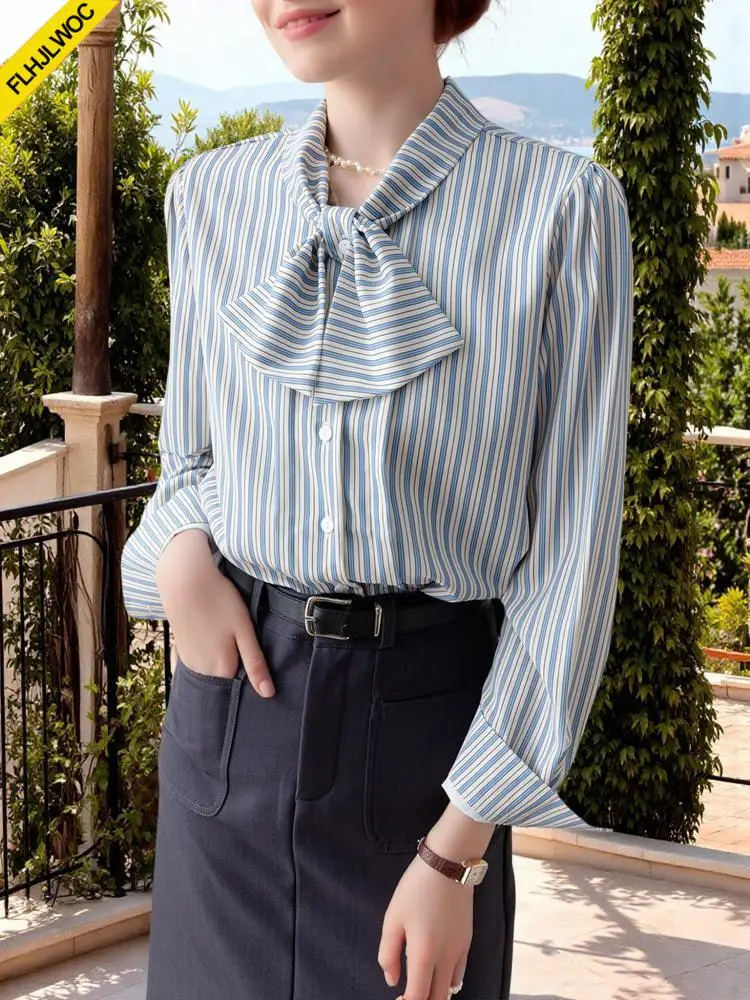 

Bow Tie Tops Blouses 2025 Spring Summer Long Sleeve Casual Preppy Style Japan Girls Striped Blue Button Shirts