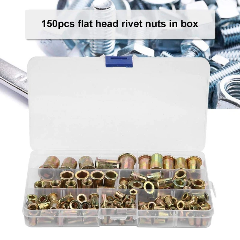 โปรโมชั่น! 150 ชิ้น M3-M12 Rivet Nuts แบนหัวเกลียว Nut Rivet หมวกเกลียว Nut ชุดกล่องพลาสติก