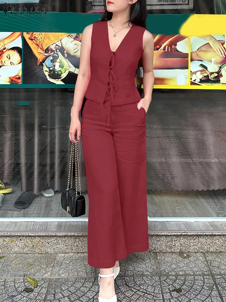 

ZANZEA Casual Sets Women V Neck Lace-up Tops Loose Elastic Waist Pants 2025 Solid Suits Outfits Elegant OL Work Matching Sets