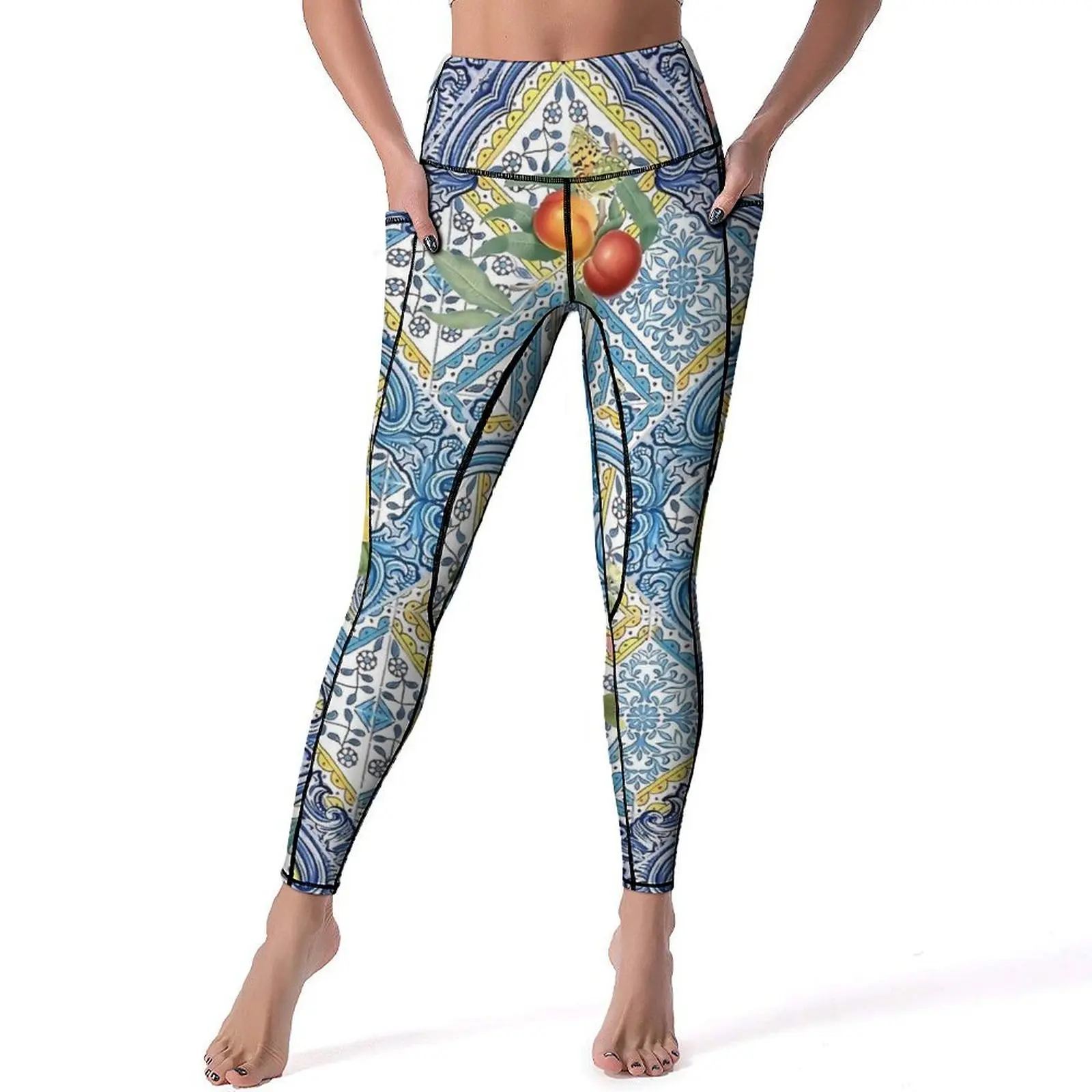 Retro Lemon Blue Tiles Leggings Sexy Italian Citrus Fruit Gym Yoga Pants Push Up Stretch Sport Legging Breathable Print Leggins