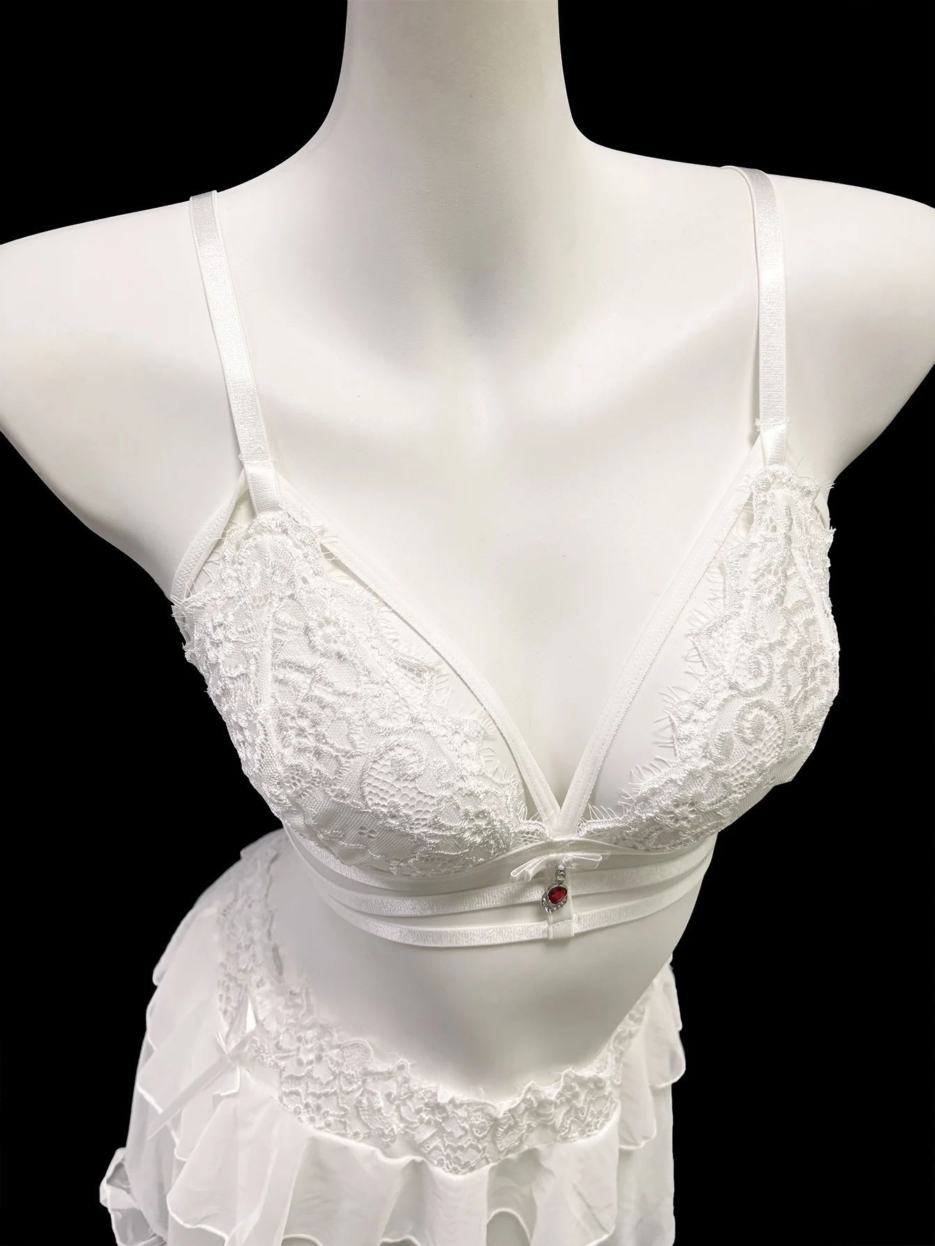 White Lace Semi Sheer Lingerie 3 Piece Set Floral Lace Bra Layer Ruffle Mesh Mini Skirt Matching Thong Sexy Women Intimate Sleep 4