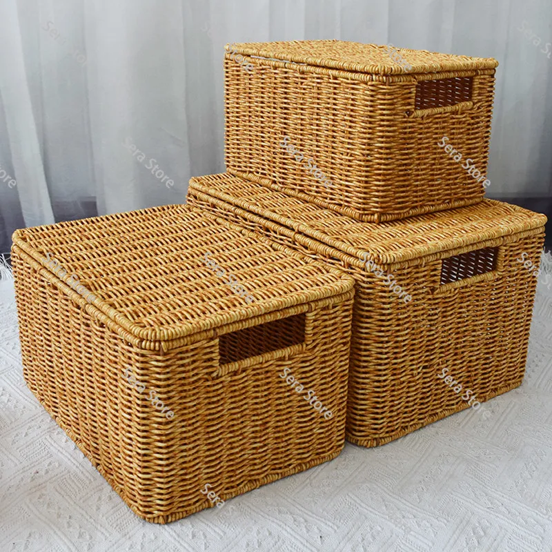 Premium Large Capacity Woven Storage Basket with Lid Rectangular Weave Container Stackable Laundry Baskets Household