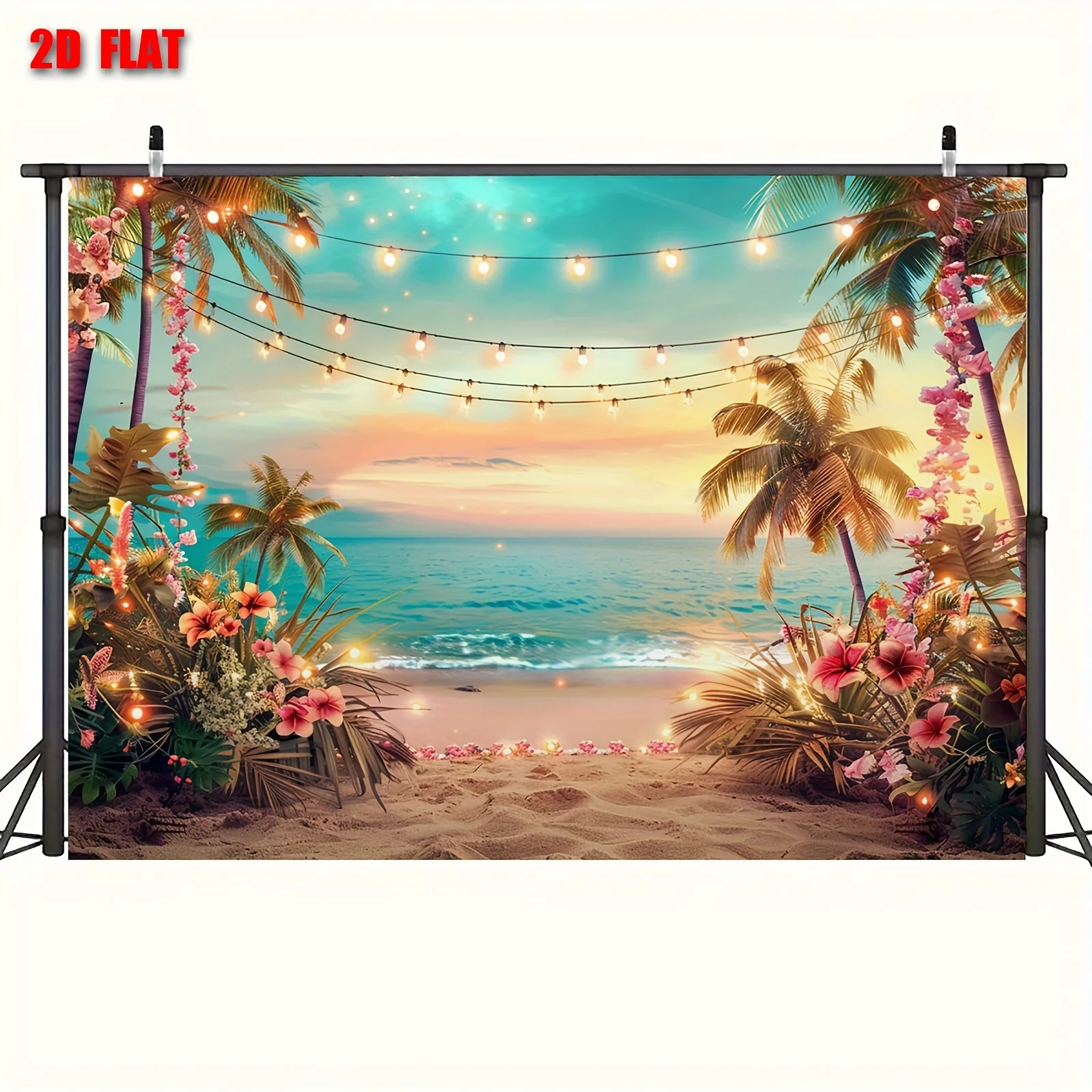 2D-Flachbanner – Hawaii-Luau-Party-Hintergrund – 1 Stück, tropische Blumen und Palmen-Strandszene, Polyester-Material