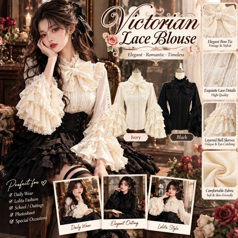 Bow Lace Tops Cosplay Vintage Lolita Blouse White Ruffles Big Sleeves Stand Collar T-Shirt Women Retro Costume Innerwear Tops