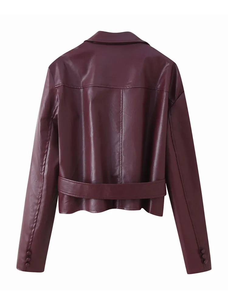 HH Women Winter Leather Fashion Versatile Waist Lapel Lace-Up Long Sleeve Leather Jacket Female High Street Casual Short Jacket