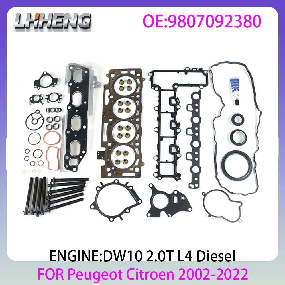 Kit de Juntas para Reparación de Motor para Peugeot Citroen DW10 2.0L 2.0 L T L4 HDi Diésel 02-22, Juego Completo de Juntas para Reparación de Motor 9807092380
