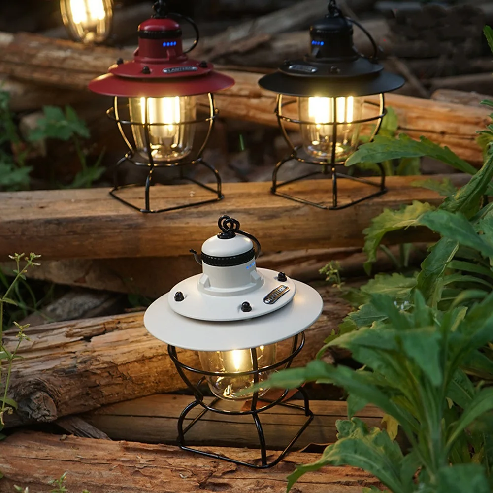 Portable Retro Camping Lantern Rechargeable Metal Handle Flashlight Vintage Warm White Light Hanging Tent