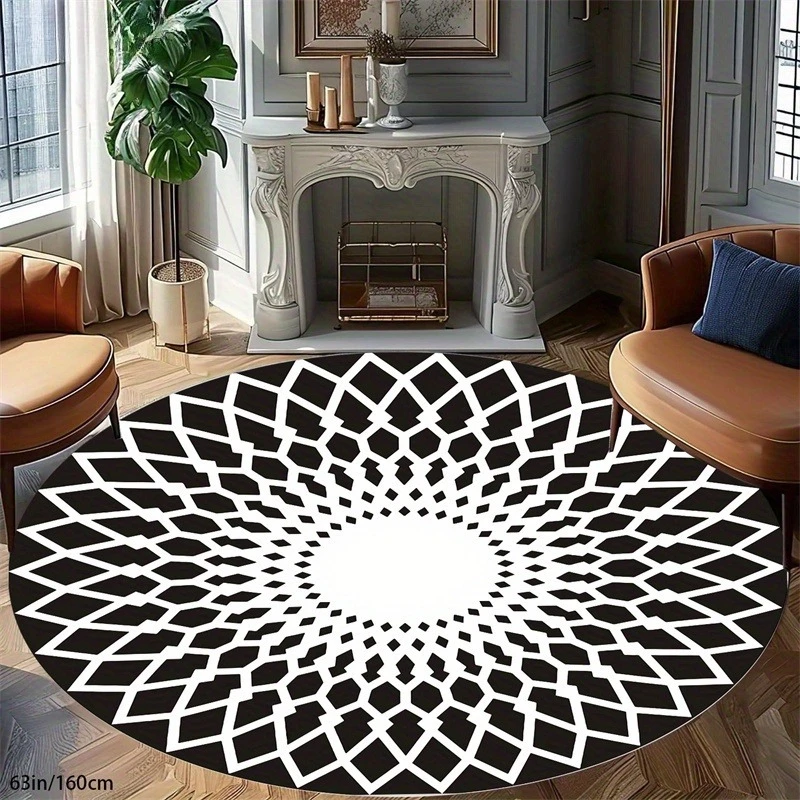 Symmetric Rhombus Mandala Circular Area Rug  Classic Contrast Geometric Round Mat Modern Farmhouse Indoor Home Doormat