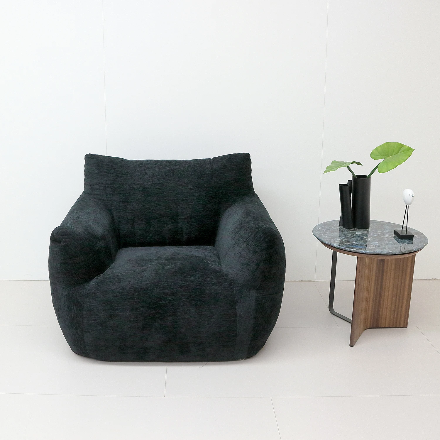 

Black teddy fabric fluffy lazy sofa filled with memory sponge bean bag sofa with armrest