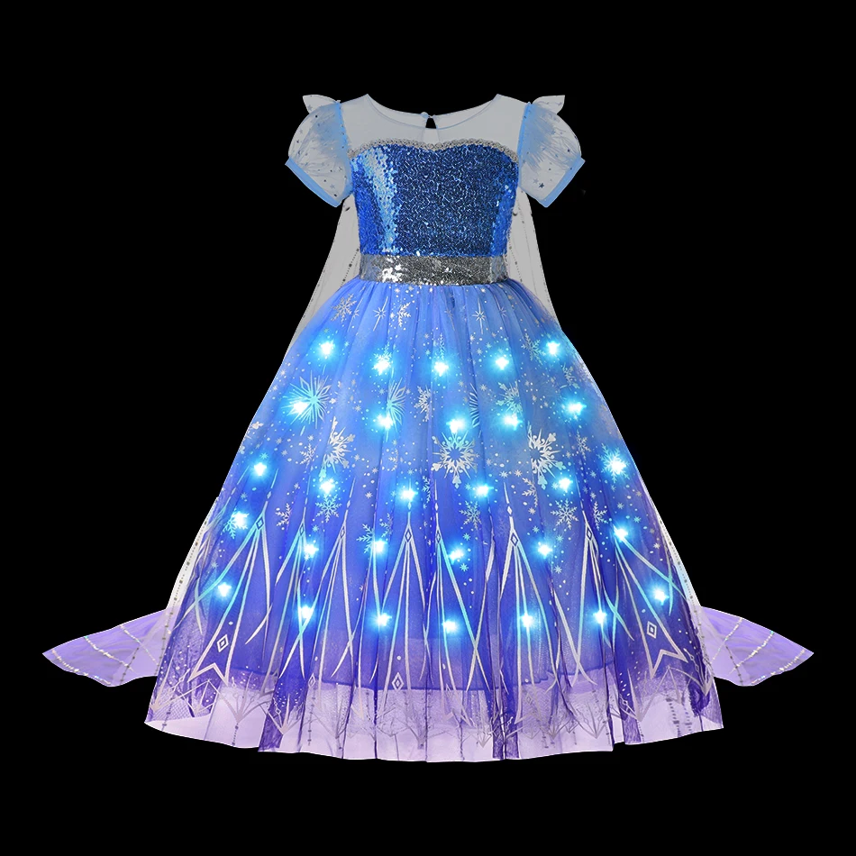 Girls 'Disney Frozen Cosplay Vestido, Elsa, Luz LED, Halloween, Vestuário de Carnaval, Aniversário, Princesa, Brilhante