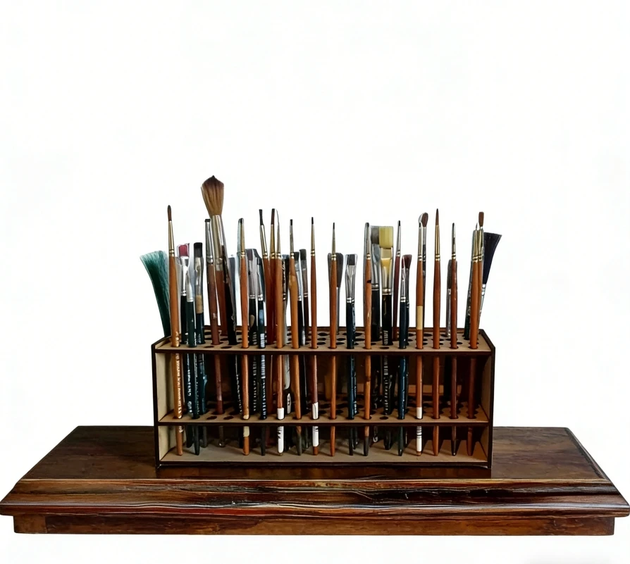Premium Wooden Brush Holder 67-Slot Double-layer Durable Artist Desk Organizer for Pencil Paint Brushes Storage Art Craft