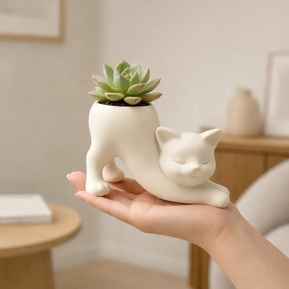 Irregular Shape Cat Plant Pot Standing Cat-Shaped 3D Printed Flowerpot Plastic Ornaments Desktop Decoration Gardening Gift