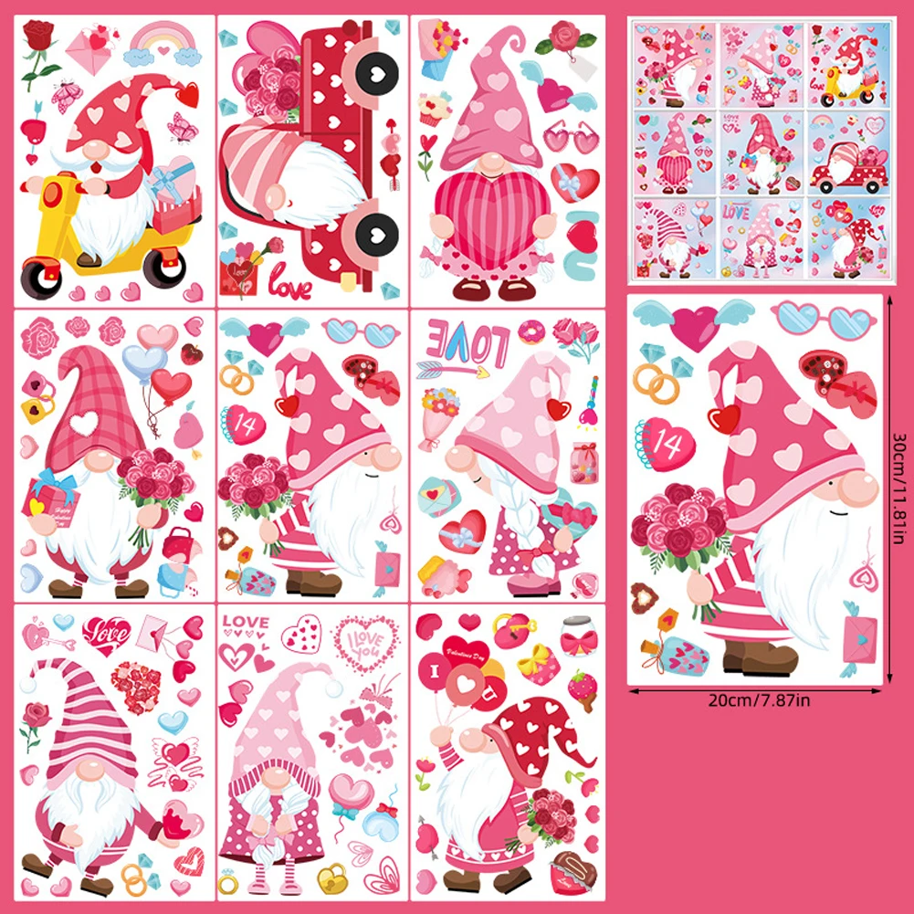 Como se muestra en la imagen, hoja variada de pegatinas de San Valentín, pegatinas de amor, versátiles para uso en interiores y exteriores, reutilizables y reposicionables.