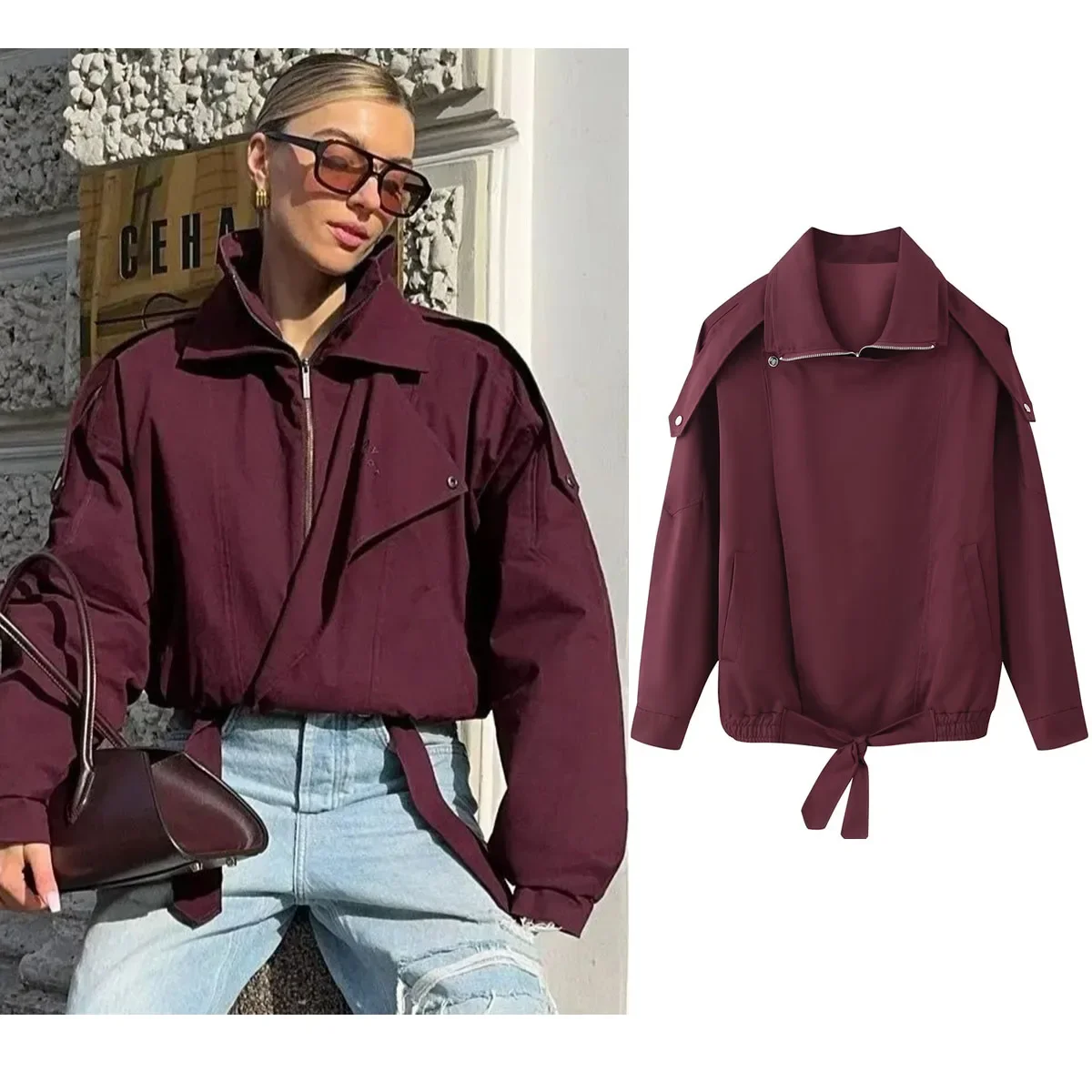 

Women Burgundy Zipper Bomber Jacket High Collar Pocket Zipper Full Sleeve Coats Lady FALL New Winter Fashion Highstreet Wear