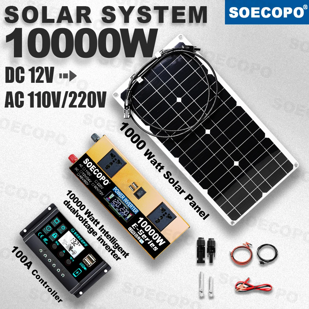 10000W Peak Solar System Kit 1000W Panel DC12V24V AC110V/220V Inverter 100A Controller Complete Off Grid For Camp Home charger