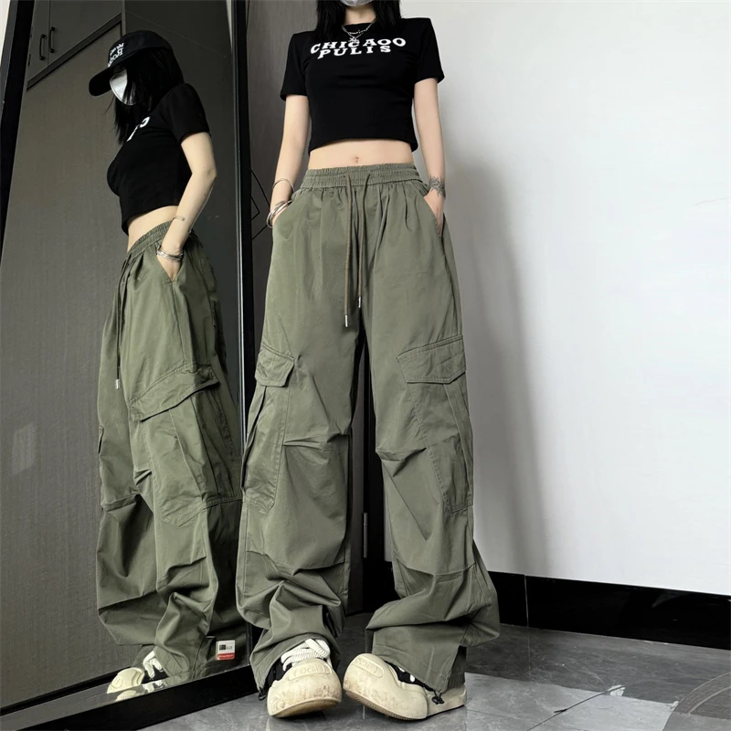 Women Vintage Casual Streetwear Quick Dry Thin Baggy Cargo Pants Summer Female Solid High Waist Loose Hip Hop Straight Trousers