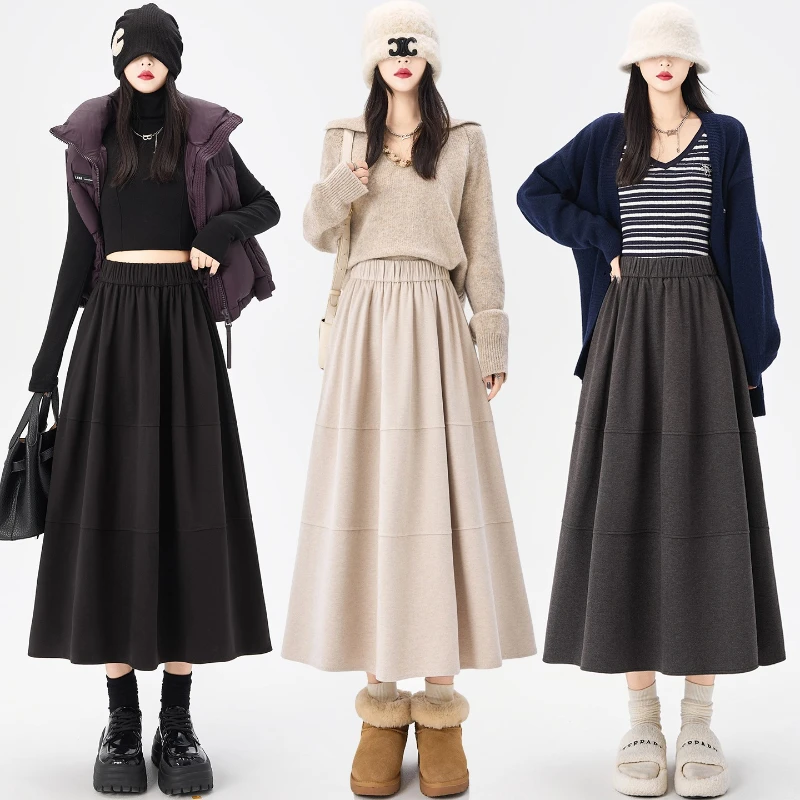 

Шерстяная юбка для женщин, осень-зима 2022, новый стиль, утягивающая юбка с эластичной резинкой на талии, юбка-зонтик трапециевидной формы с бутоном цветка, пышная юбка-зонтик