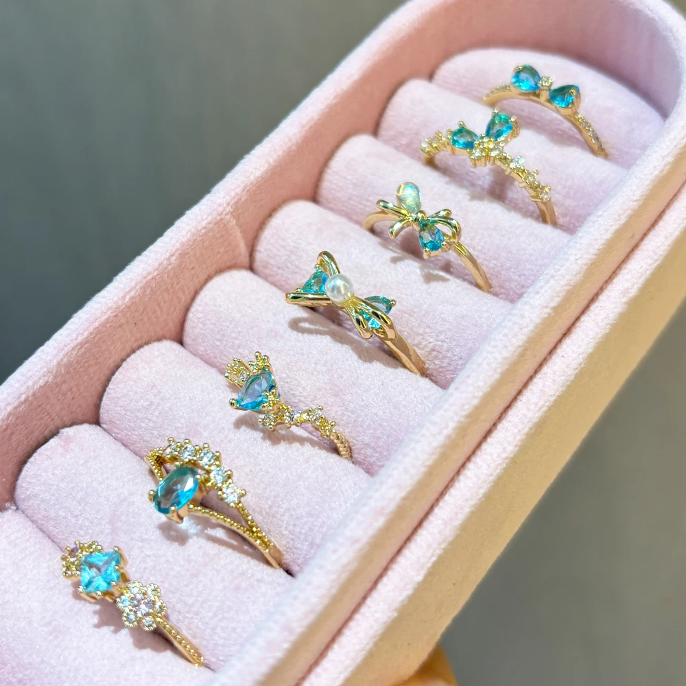 Cute Bow Blue Zircon Gold Plated Rings for Women Sweet Heart Crystal Pearl Open Adjustable Ring Fashion Party Jewelry Gift