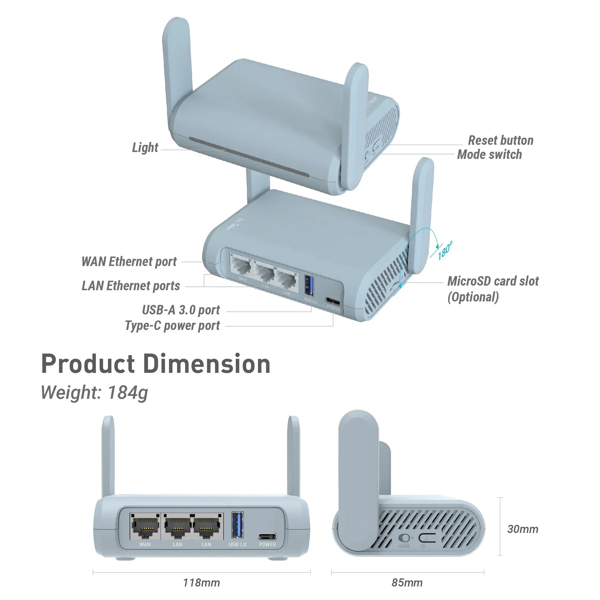 GL iNet MT1300 Dual-band Wi-Fi 2.4Ghz 5GHz 3 Gigabit Ports gateway router mini travel routerPocket-Sized Travel Router